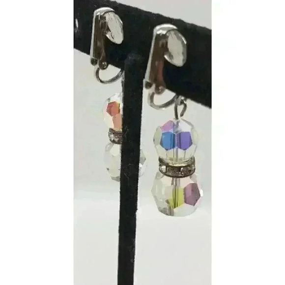 Vtg Earrings Clip Long Dangle Crystal Faceted AB Prism Balls Rhinestone Accent - Picture 5 of 8